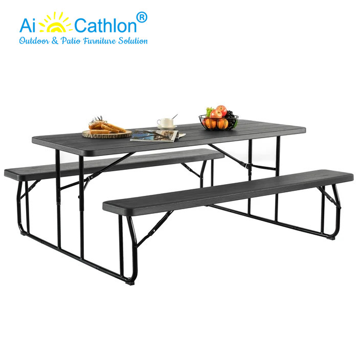 6FT Plastic Picnic Table Folding Garden Outdoor Wooden Effect Table Set Factory