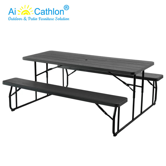 6FT Plastic Picnic Table Folding Garden Outdoor Wooden Effect Table Set Factory
