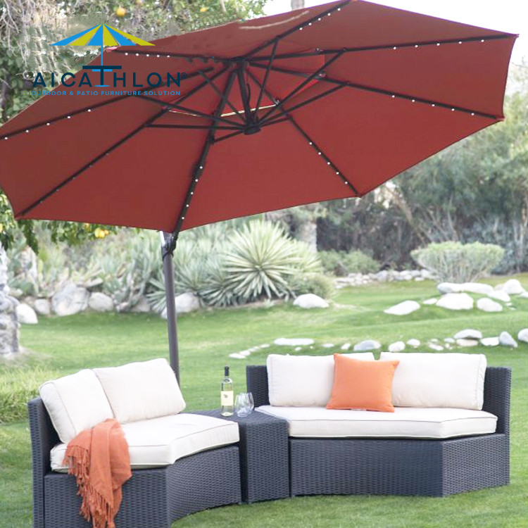 Aluminum KD Cantilever Patio Parasol Garden Umbrella With LED Lights Outdoor Furniture