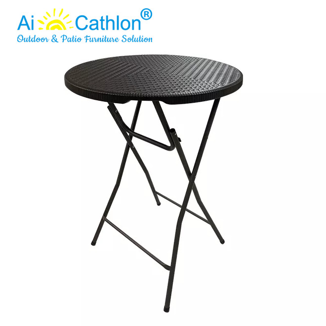 Outdoor Small Round Plastic Folding Cocktail High Bar Table With Rattan Design