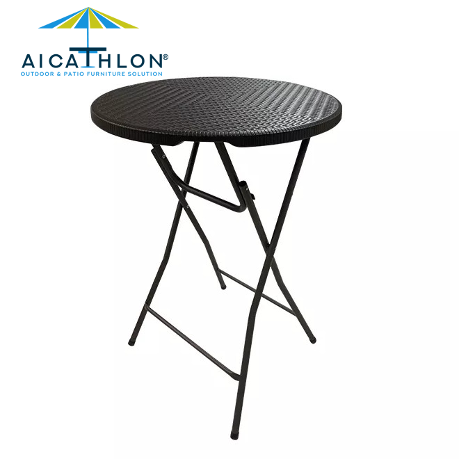 Outdoor Small Round Plastic Folding Cocktail High Bar Table With Rattan Design