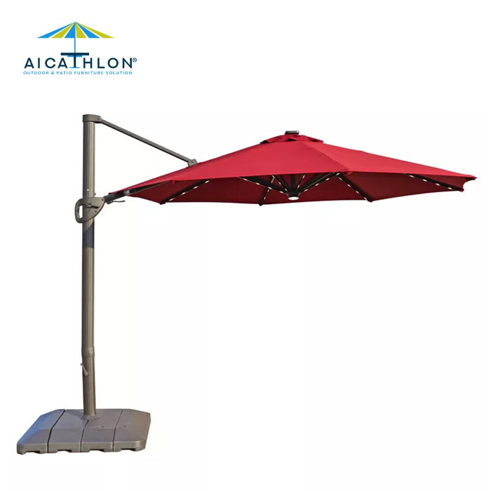 Aluminum KD Cantilever Patio Parasol Garden Umbrella With LED Lights Outdoor Furniture