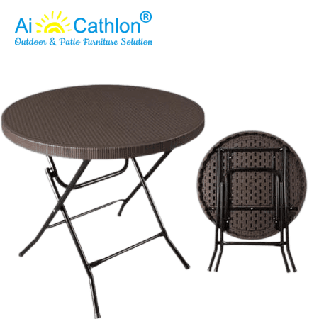 HDPE Outdoor Round Plastic Folding Table With Rattan Design For Garden