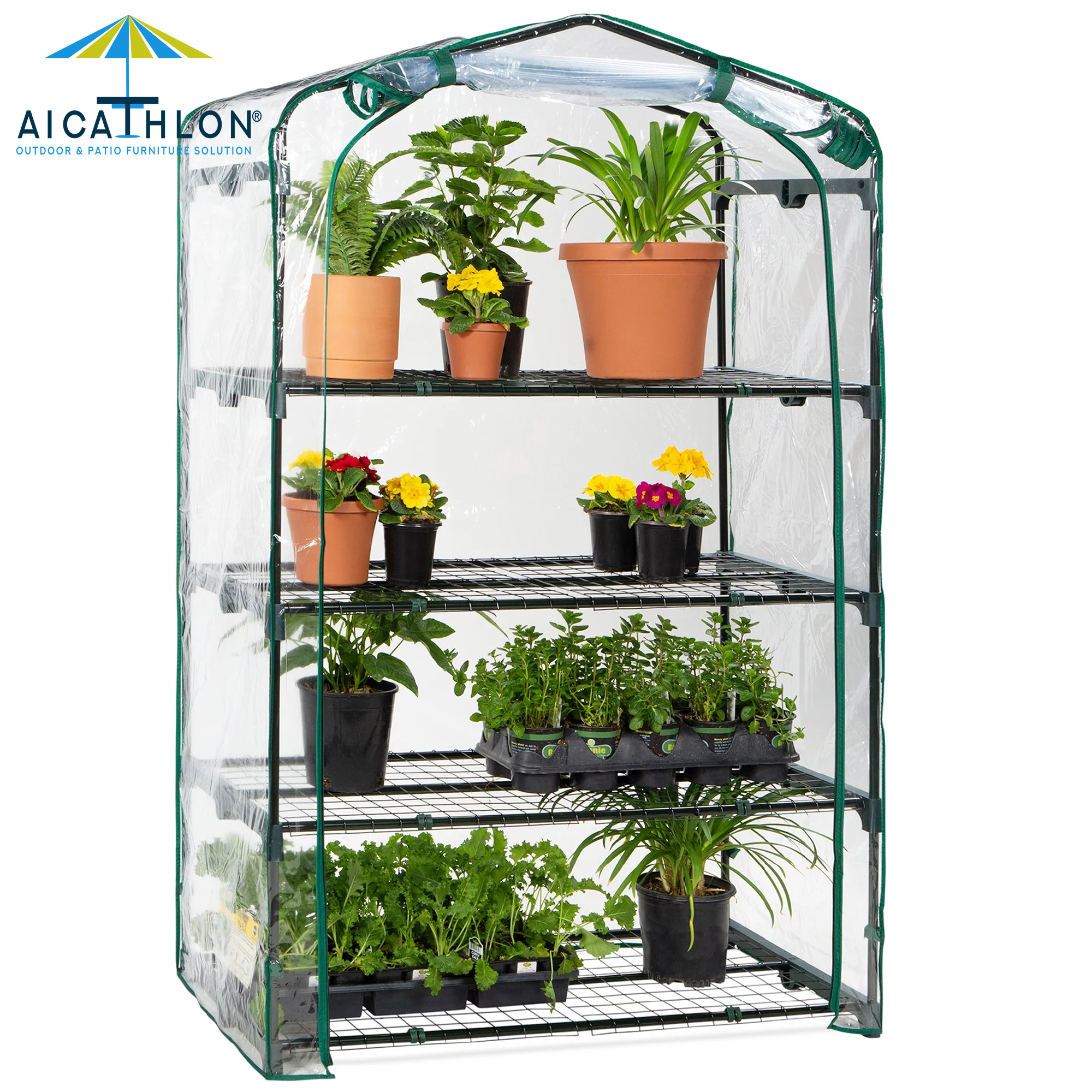 AICATHLON High Quantity Portable Garden Green House with Zippered PVC Cover, Metal Shelves for Garden Yard Patio Indoor Outdoor, Extra Hooks Wind Ropes 8 Net Rack Buckles